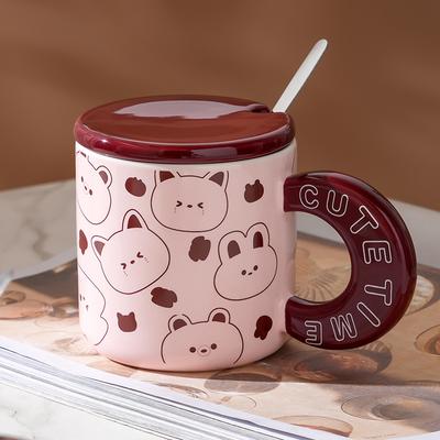 Cartoon Doodle Tier Keramik Tasse mit Deckel und Löffel Hochwertige Tasse Mädchen Paar Anzug Wasser Tasse Kleines Geschenk
