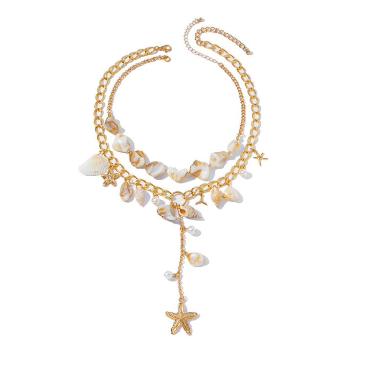 

Ocean Themed Double Layer Necklace Chain with Alloy Shell Charm And Artificial Pearls for Swimwear or Cocktail Dresses 1