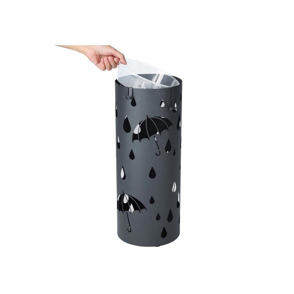 SONGMICS Metal Umbrella Stand, Umbrella Holder with Water Tray and Hooks, 19.5 X 49 Cm (Dia. X H), Round, Matte Anthracite Grey