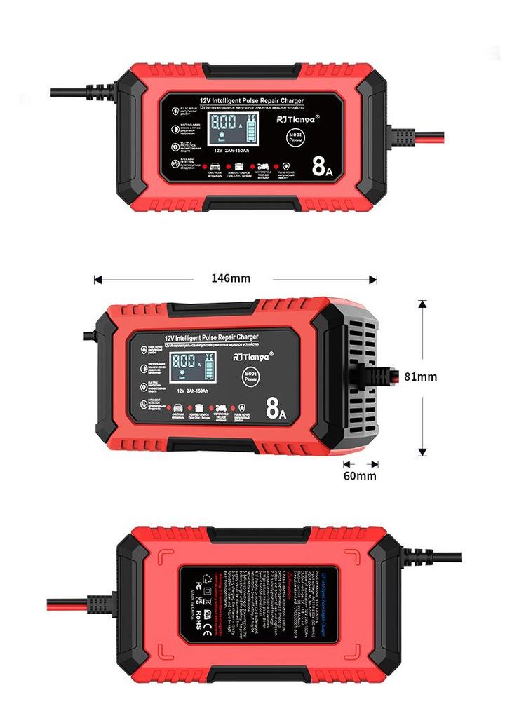 12V 8A Car Battery Charger for Lead-Acid and Lithium Iron Phosphate Batteries