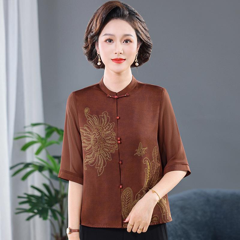 

Spring/Summer Medium-Sleeve Shirt for Middle-Aged/Elderly Women - Stylish Cardigan Top 4XL червоний/коричневий