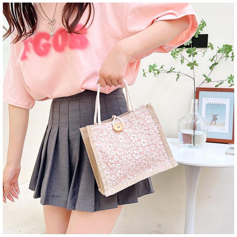 Net Red Floral Canvas Bag Tote Bag Female Style To Work with Rice Simple Out with Bento