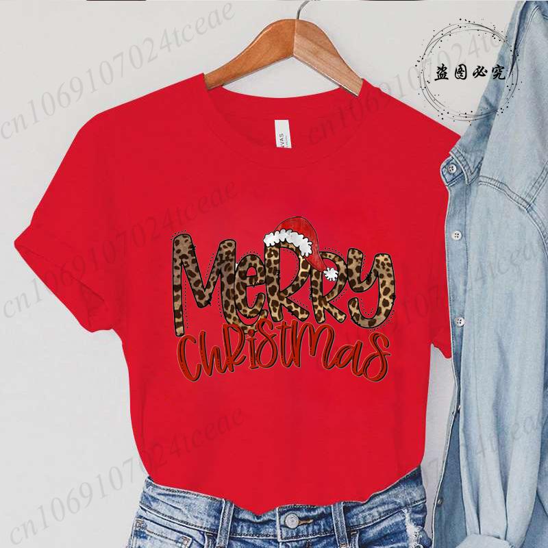 Leopard Merry Christmas Print TShirts Crew Neck Tshirt Casual Short Sleeve Top for Christmas Unisexs Clothing Tshirt Top