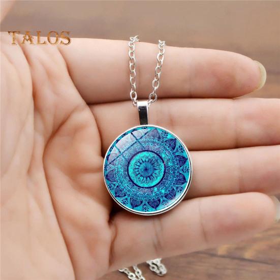 1 Set Women Jewelry Set Flower Print Glass Pendant Vintage Ethnic Style Prom Party Earrings Necklace Bracelet Combo Ideal Christmas Gift