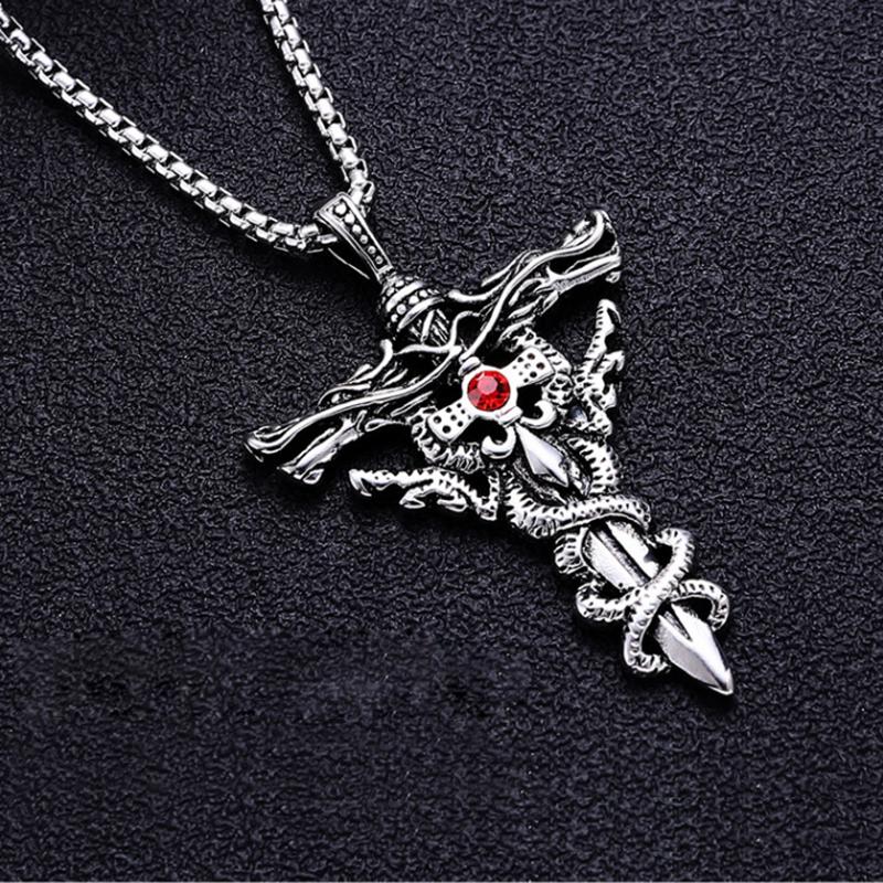Winding Cross Pendant Necklace Cool Hip Hop Red Stone Vintage Copper Color Stainless Steel Chain Women Men Punk  Jewelry Gifts
