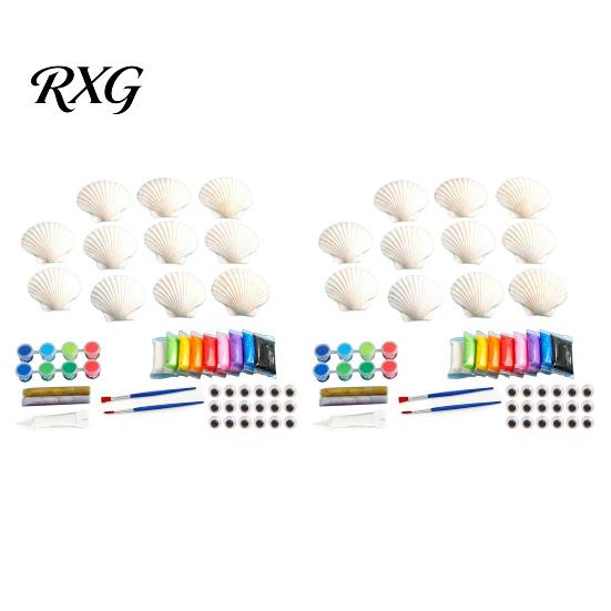 Children Shell Painting Kit 1/2 Sets DIY Craft Kit, with Natural Shells, Modeling Clay, Pigments, Art Glue, Eyes, Handmade Seashell Crafts Supplies