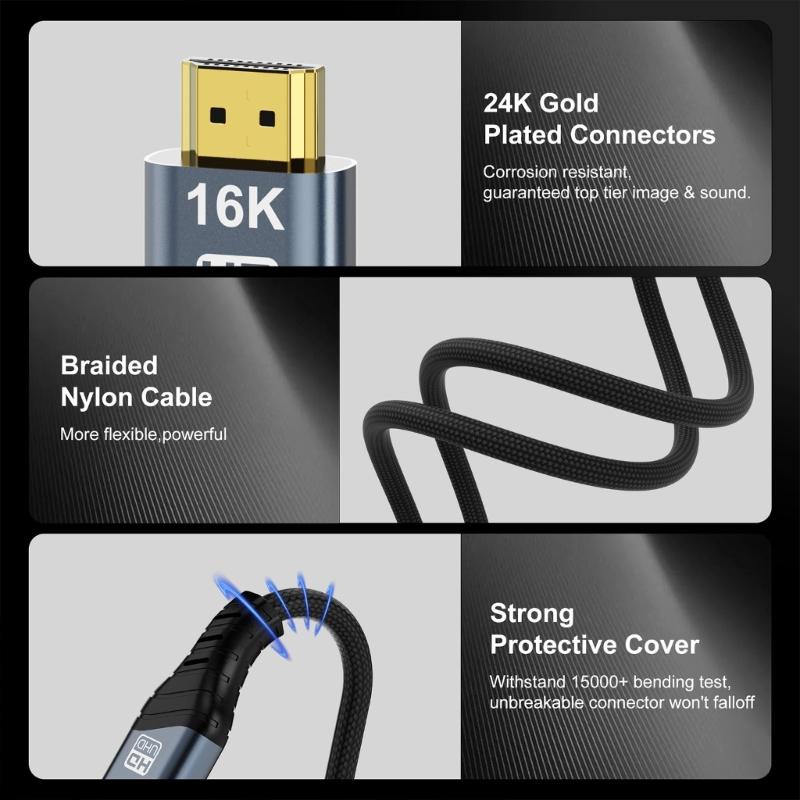 16K HDTV 2.2 Cable HDTV Cord Support 16K@60Hz Video Connection Braided Cable for TV PC Projectors Consoles Accessories