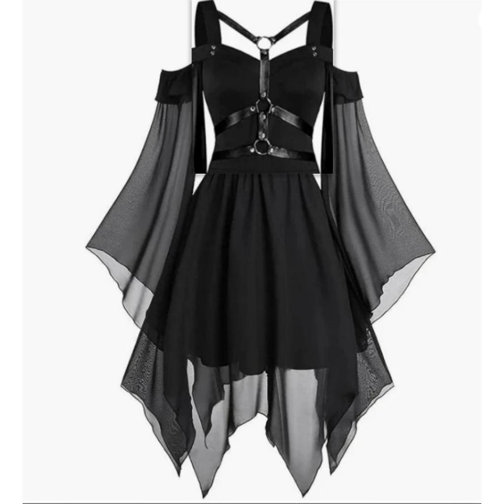 Gothic Asymmetrical Patchwork Halloween Witch Suspender Strap Big Swing Maxi Dress for Women