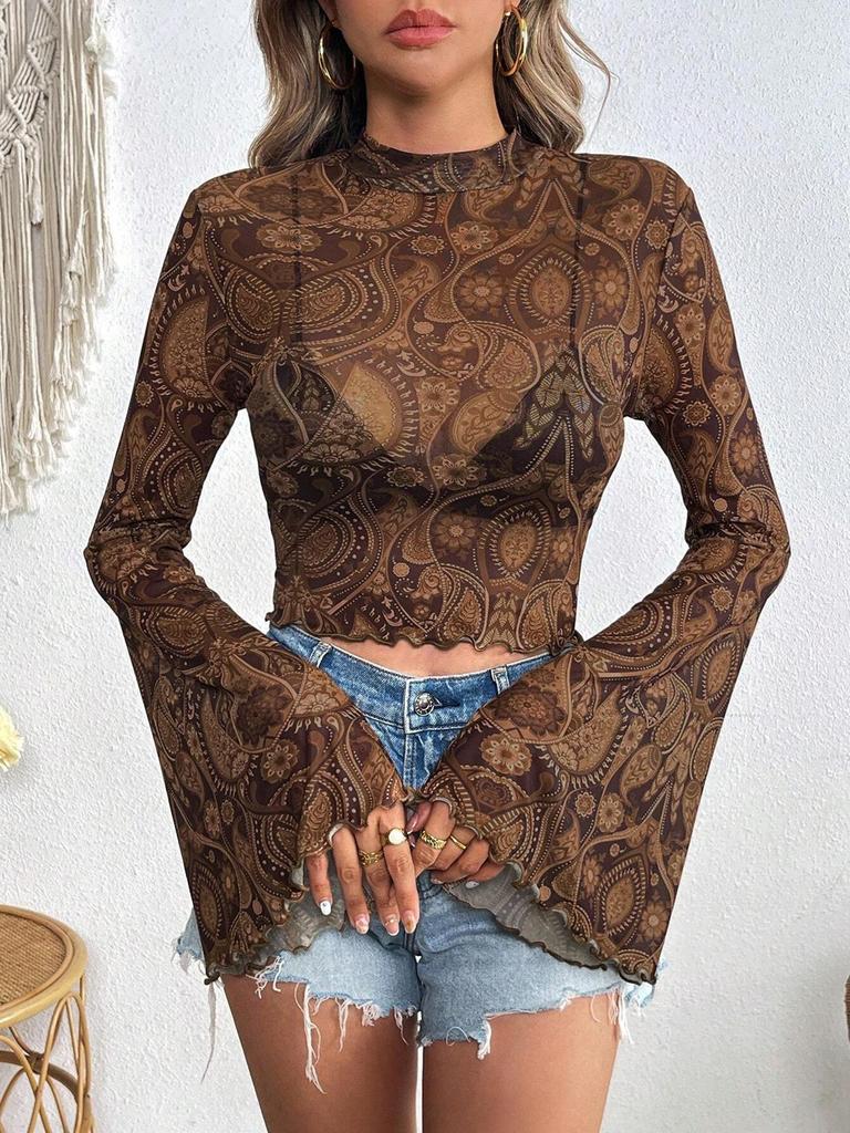 New Arrival Women's Casual Holiday Chiffon Shirt with Round Neck and Bell Sleeves