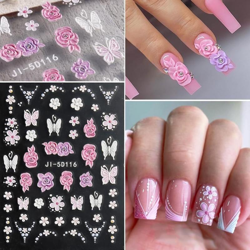 4 Sheets Flowers Nail Decals Simple Nails Art Stickers Sweet Manicure Stickers Adhesive Nail Sticker for Women