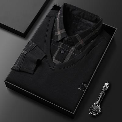 Fake Two-piece Tops Daddy Autumn and Winter Style Plus Velvet Thickening Warm Men's Lapel T-shirt Bottoming Shirt