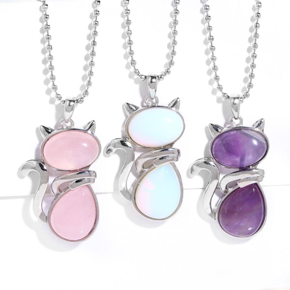 Pink Purple Stone Pendant Cute Shape Cat Jewelry Necklaces Daily Wear Cat Necklaces  Pet Lovers