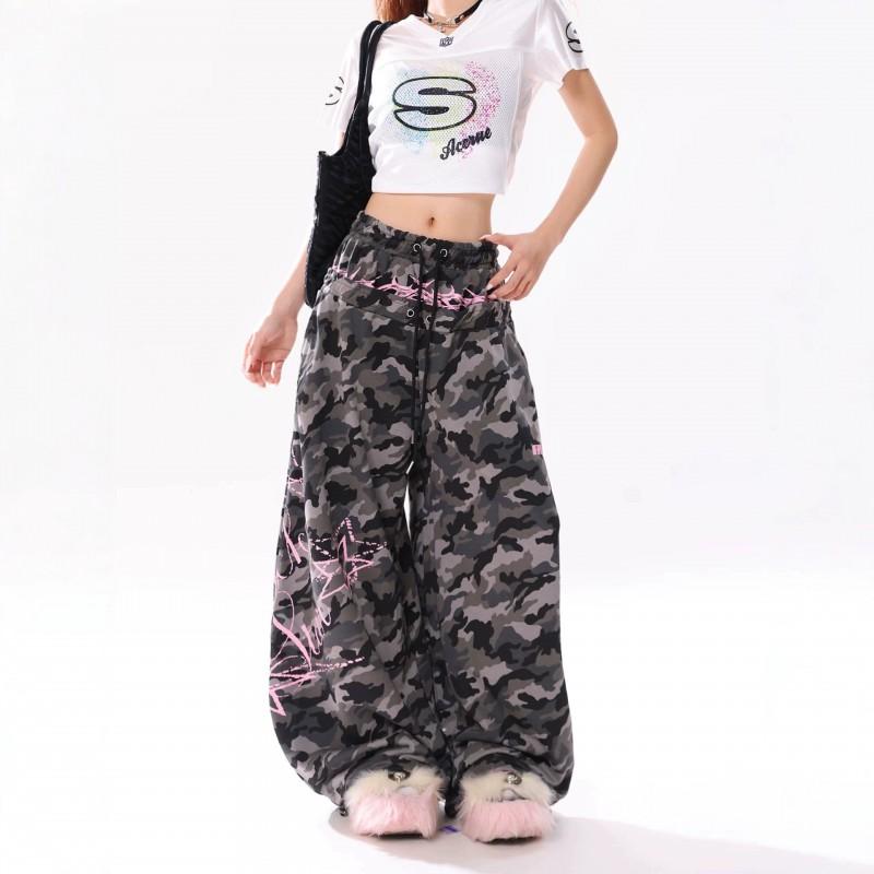 Womens Camo Wide Leg Sweatpants Retro Street Style Loose Fit Hip Hop Pants