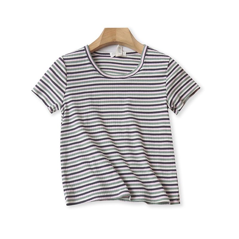 

U/10 Летняя Новинка Зарубежная Торговля Женская Одежда Молодежная Мода Приталенный Стиль Преппи Круглый Вырез Пуловер Короткий Рукав Полосатая Футболка Pink Green Stripes M