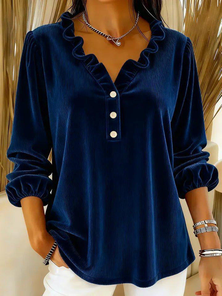 2025 Women's Solid Color Corduroy V-Neck Ruffle Collar Top