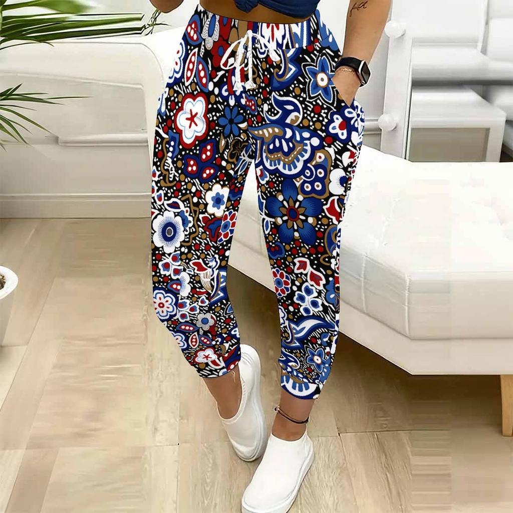 Summer Ladies Cashew Flower Printed Sweatpants Loose Fit Drawstring Joggers Elastic Cuff Daily Casual Pants