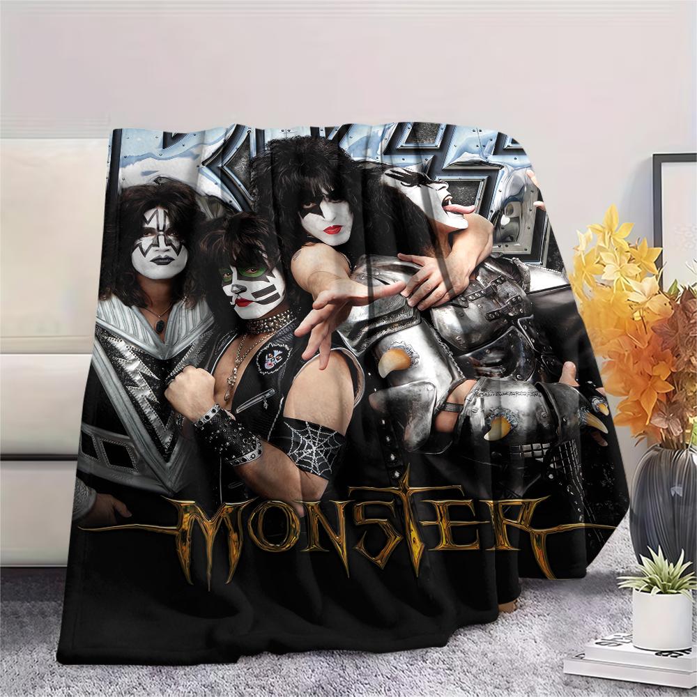 1Pc Rock Kiss Band Print Flannel Blanket, High Quality Comfortable for All Seasons, Home Decor, Warmth and Comfort, Perfect for Christmas Gifts