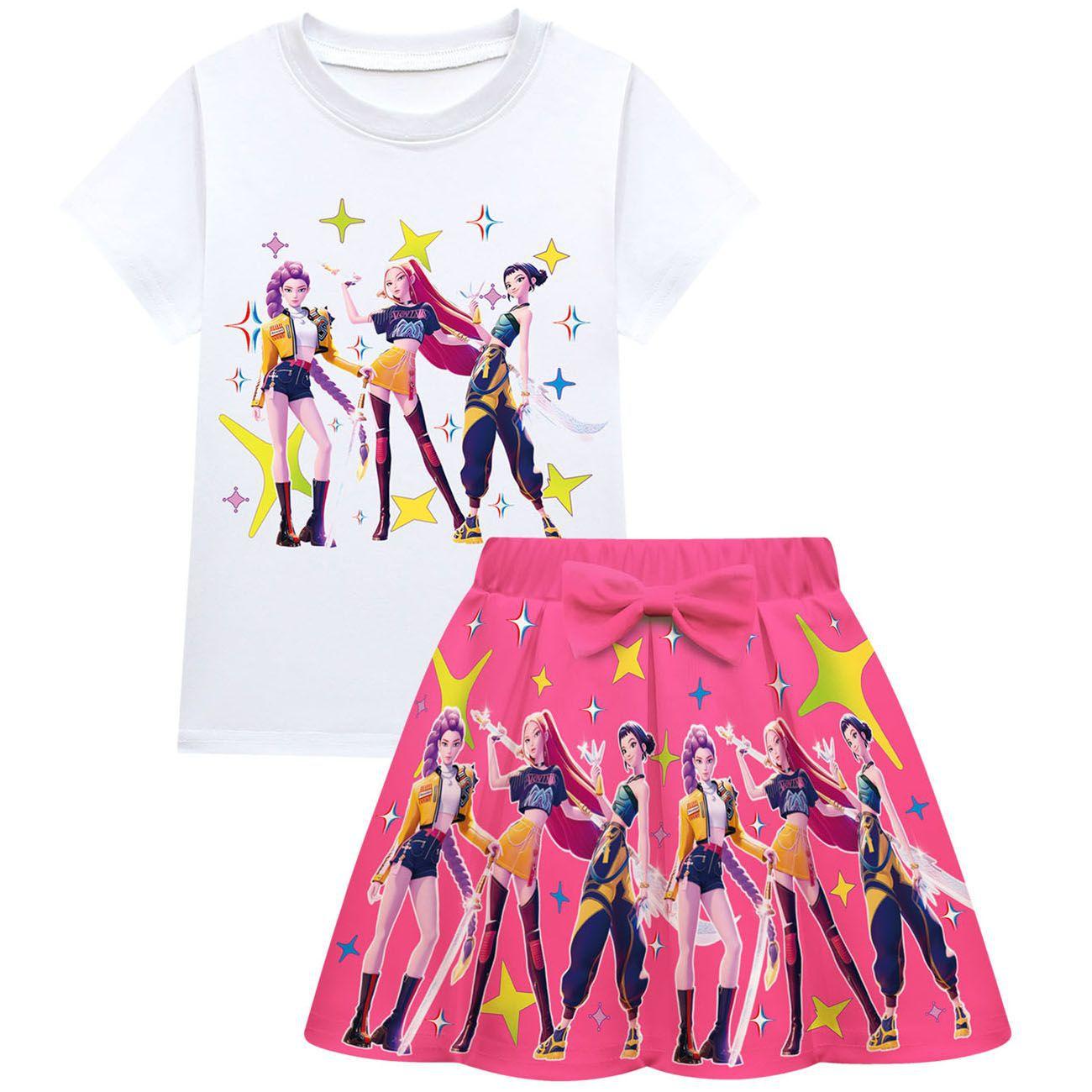 

Kpop Охотники на демонов Детская Модная Удобная Косплей Аниме Принт Девочки Летний Комплект с Коротким Рукавом и Плиссированной Юбкой 130