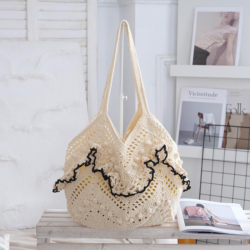 

Women s Handmade Woven Shoulder Bag Hollow Out Design Tote Bag Minority Style Beach Vacation Handbag чёрный