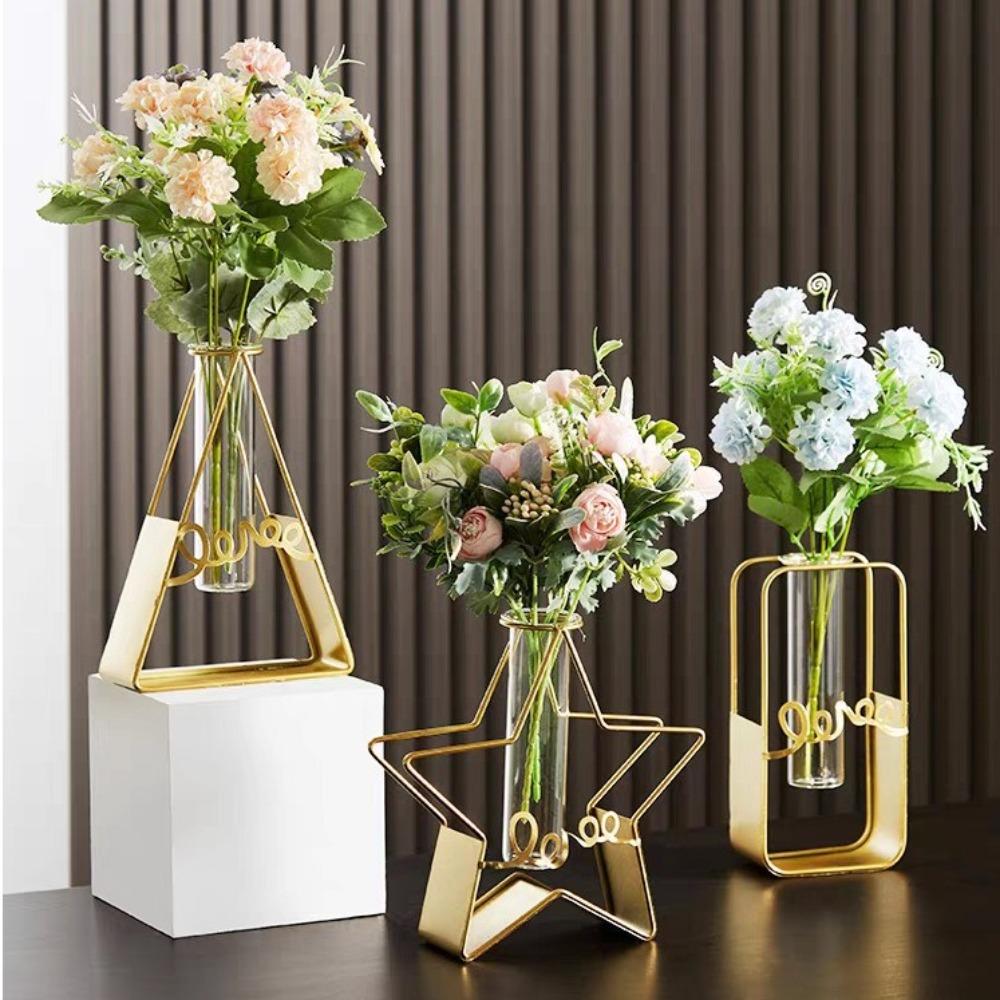 2025 Pentagram Heart Hydroponic Vase Home Decoration Tabletop Ornament Glass Test Tube Nordic Style Triangle Rectangle Iron Art