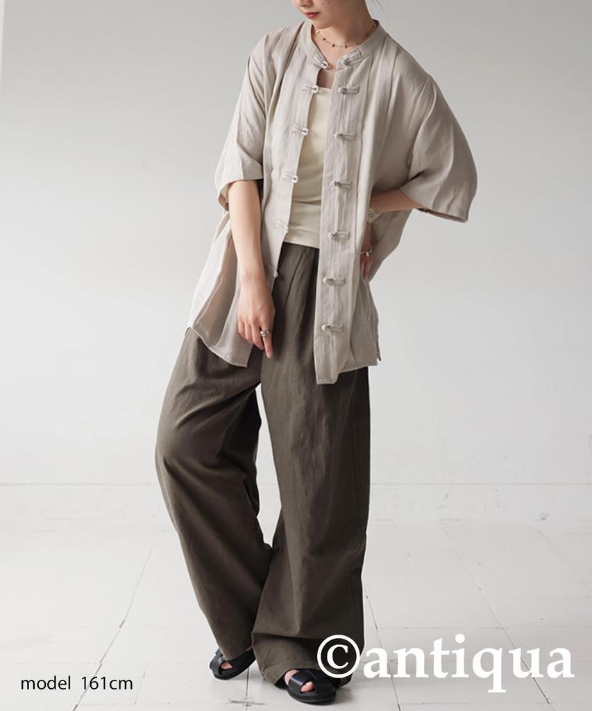 antiqua Short Sleeve Shirt with Chinese One Beige Women's Linen-Like Buttons, PK-01341, Size, 01,
