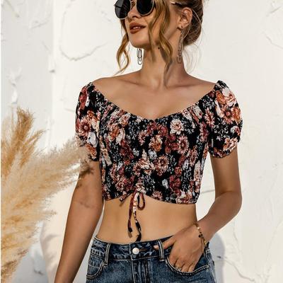 Summer Women Sexy Floral Print Crop Top Slim Backless Short Sleeve T-shirt