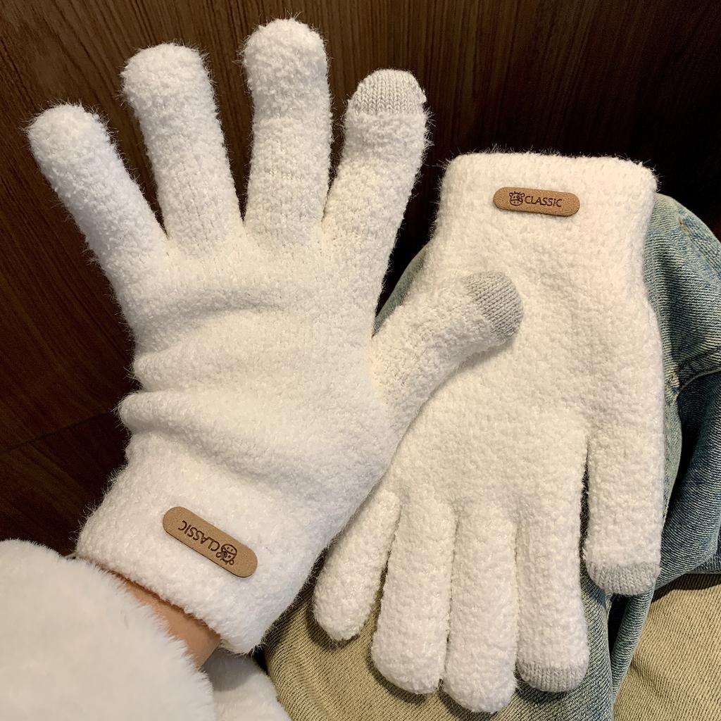 ins Knitted Finger Gloves Women's Warm Thickened Fleece Antifreeze Solid Color Gloves Students