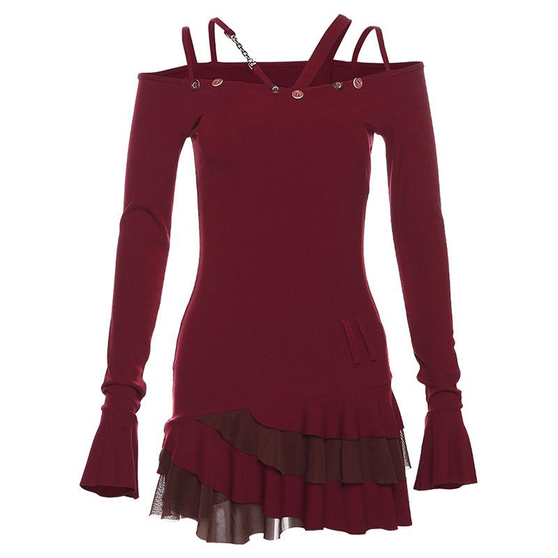 European and American style 2026 autumn new women s clothing solid color slim-fitting high-waisted fashion one-word collar long-sleeved dress women S
