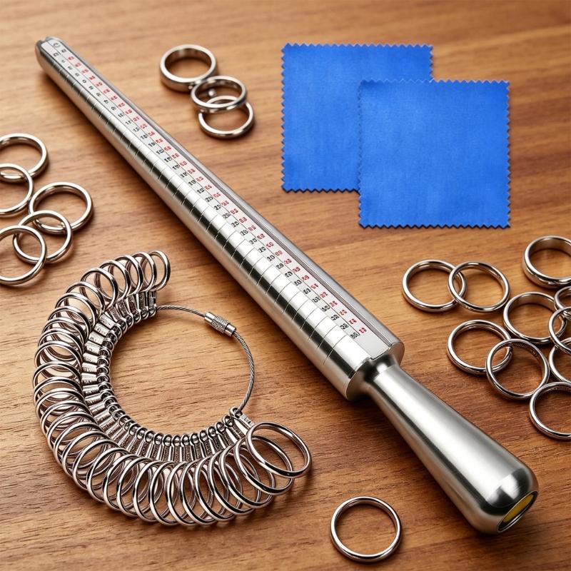 Mehrgrößen-Ringmaßband-Set mit nummeriertem Dorn und Messgeräten für Schmucktheke, Werkbank oder persönliche Ringgrößenprüfung