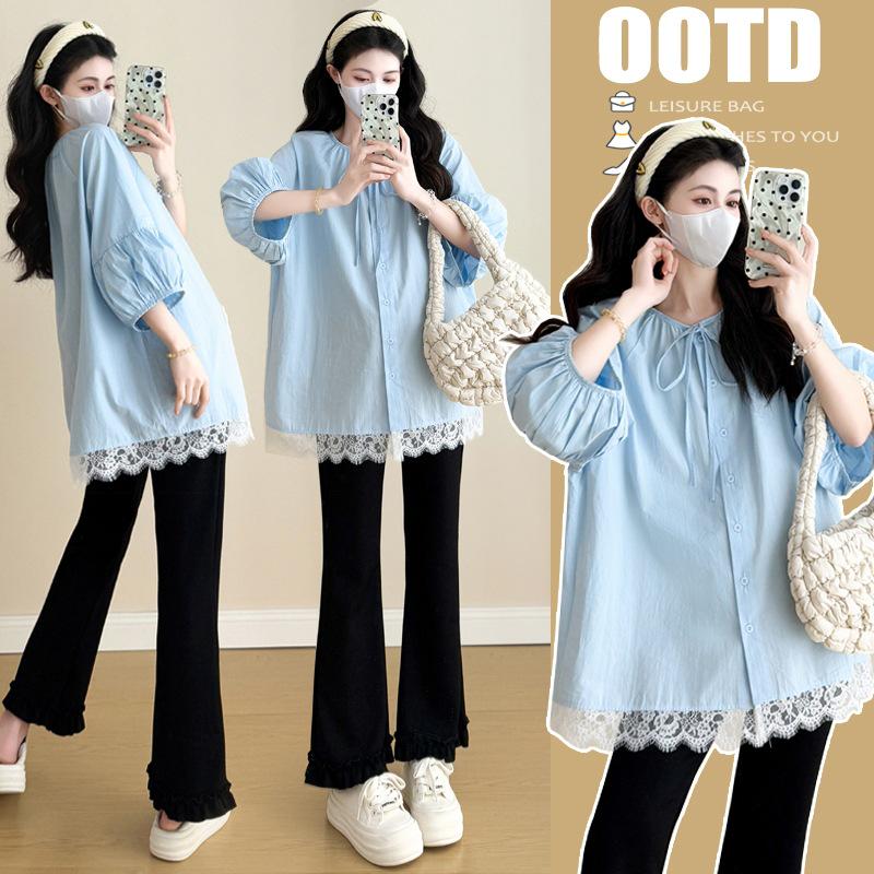 Spring/Summer 2026 Maternity Lace Trim Doll Shirt - Fashionable Mid-Length Top for Trendy Moms Large