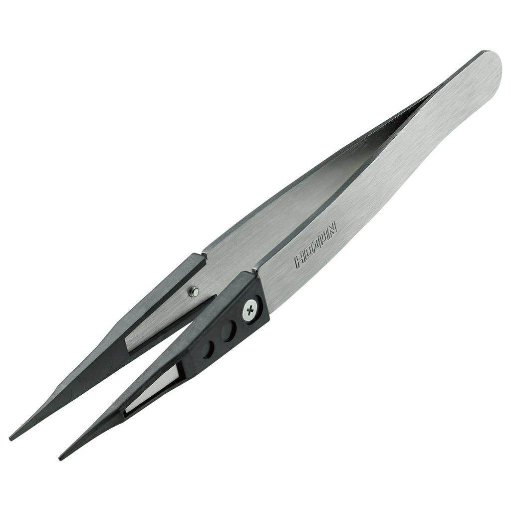 HOZAN ESD Ceramic Total Length Opening Width Tip Width Tweezers, Anti-Static, 128mm, 10mm, 0.8mm, P-646-D