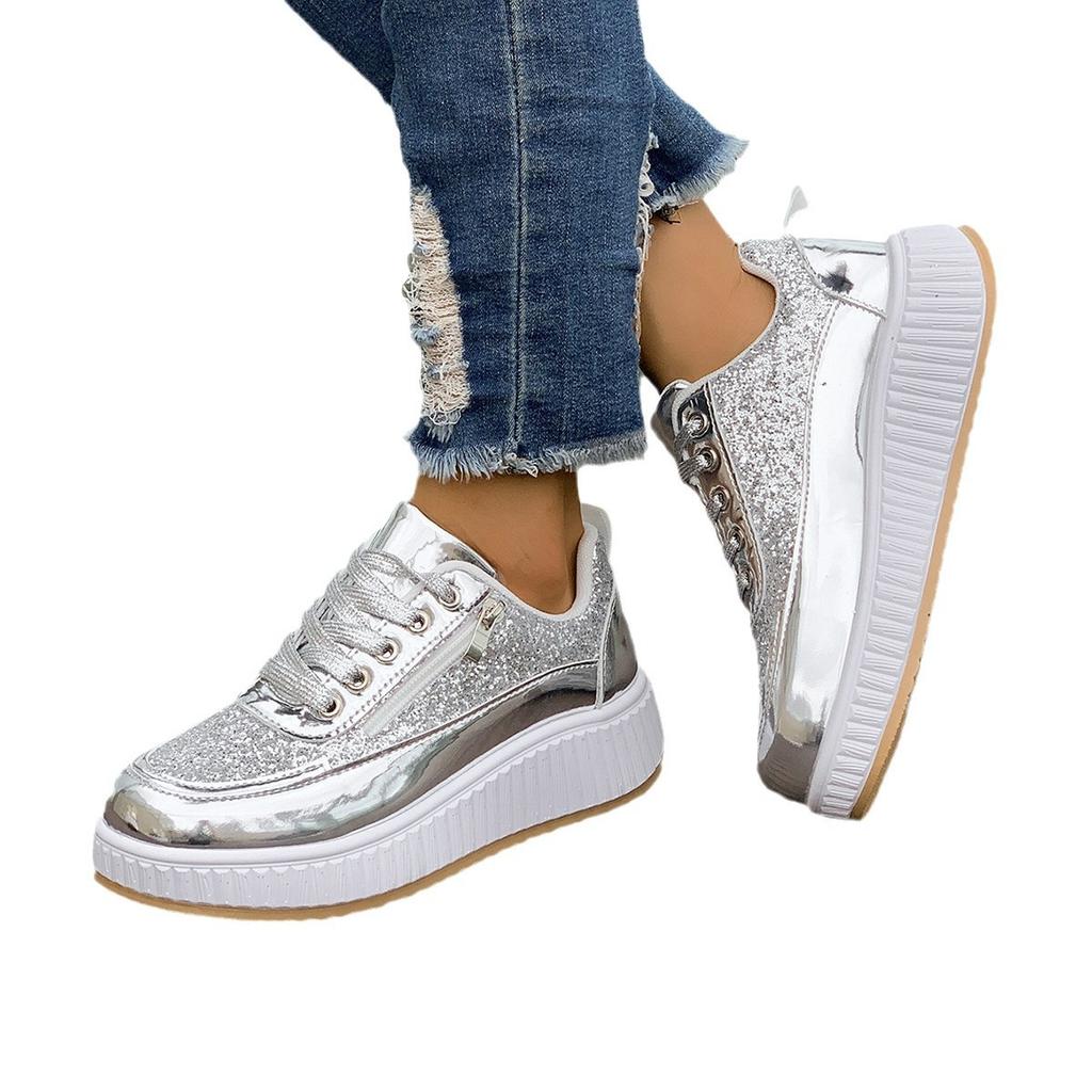 Korean version of spring and autumn trend platform casual shoes new glossy fashion sports women's shoes low-top lace-up flat-soled single shoes