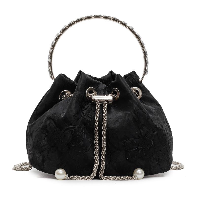 Spring and Summer New Personalized Embroidery Butterfly Pleated Portable Bucket Bag Fashionable Versatile Sweet Foreign Style Chain Messenger Bag