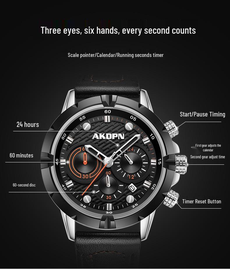 AKDPN Men's Multi-Function Chronograph Quartz Watch with Leather Strap