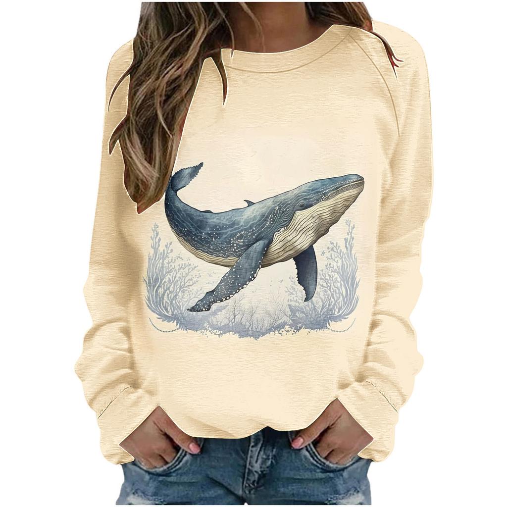 Autumn Round Neck Blue Women's T-shirt Loose Fitting Pullover Long Sleeved Whale 3D Printed Sweatshirt