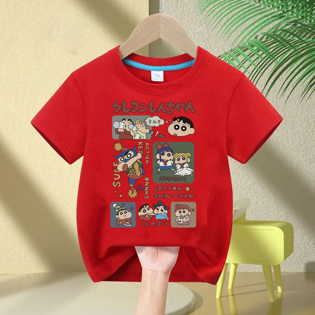 2026 New Summer Cotton Cartoon Crayon Shinchan Print TShirt Summer Fashion Casual Round Neck Cotton Childrens Top