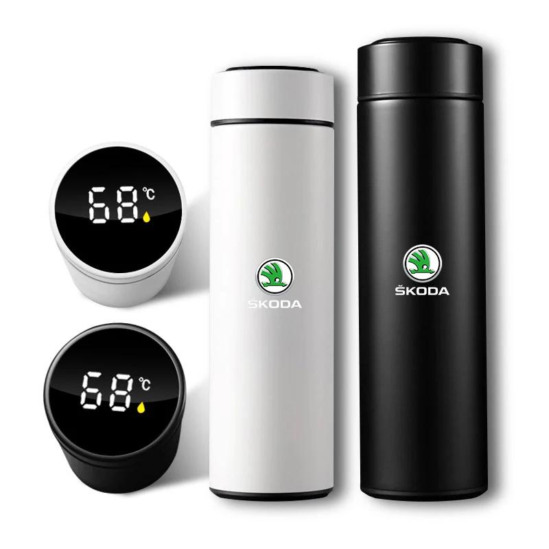 500ml Nerezový Pohárek s Autoznakem Inteligentní Teplotní Hrneček na Kávu pro Skoda Octavia A5 A7 Fabia 1 Superb Kamiq Rapid Yeti