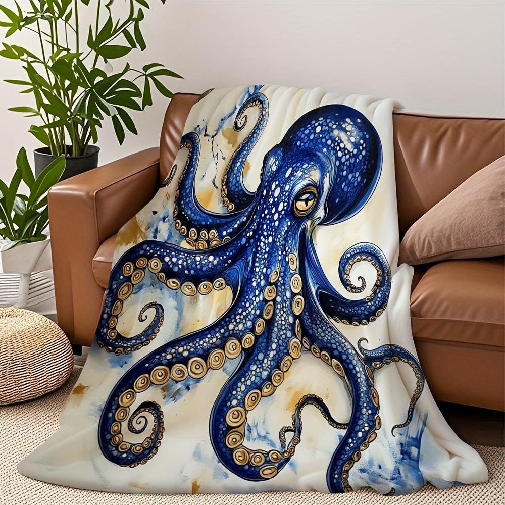 Blue Octopus Sea Creature Art Throw Blanket Ocean Design for Living Room Decor Gift for Her MarineStyle