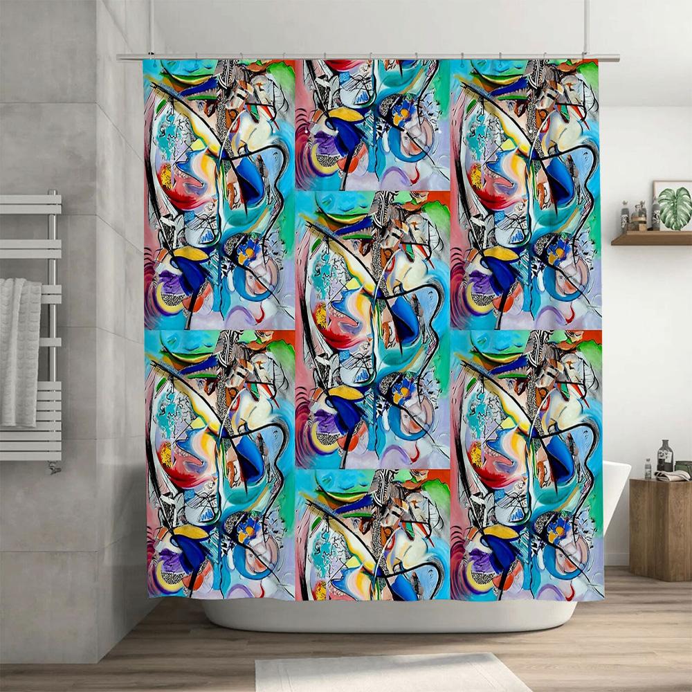 Abstract Art Shower Curtain Modern Bathroom Decor Teal Blue Geometric Pattern Waterproof Fabric Liner Washable Home Textile