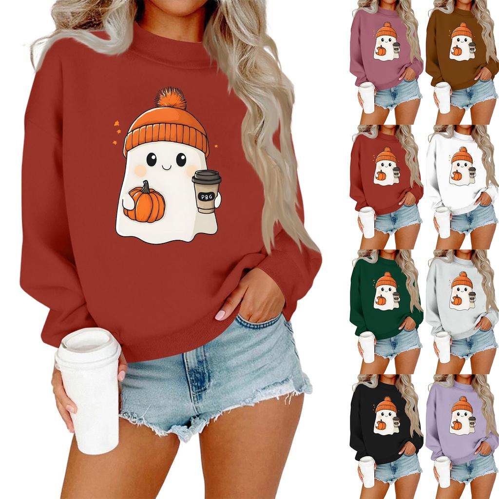 Women's Casual Fashion Round Neck Long Sleeve Halloween Printed Sweatshirt
