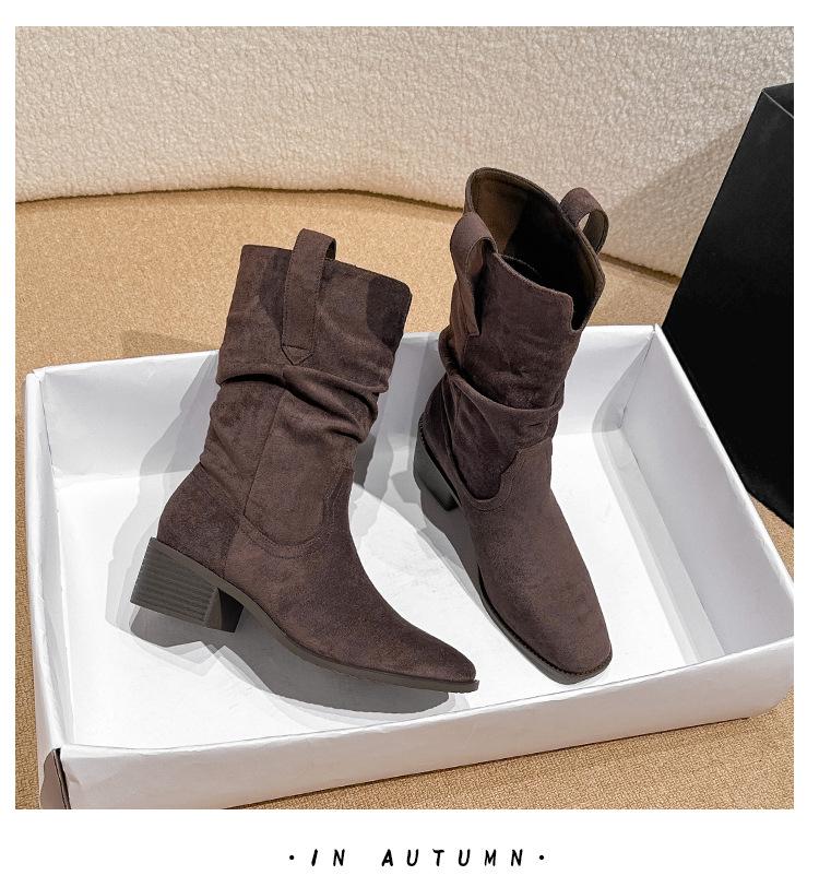 

Grape Mom V-Mouth Maillard Mid-Calf Riding Boots for Women with Thick Heel and Wide Calf - 2025 Autumn Collection 36