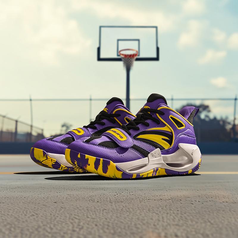 Anta Kids Wind Tunnel Synthetic Leather Mesh Professional Basketball Shoes Men Sneakers Yellow Purple A12441108-5