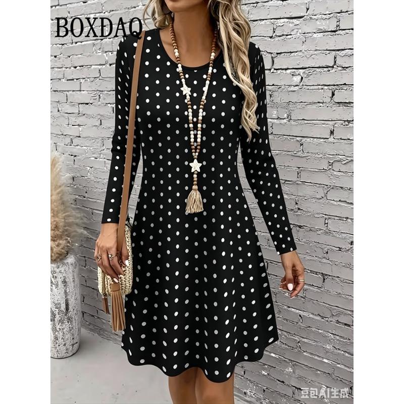 Polka Dot 3D Print Dresses For Women 2026 Autumn Fashion Long Sleeve A-Line Dress Women Casual O-Neck Loose Home Dress Vestidos