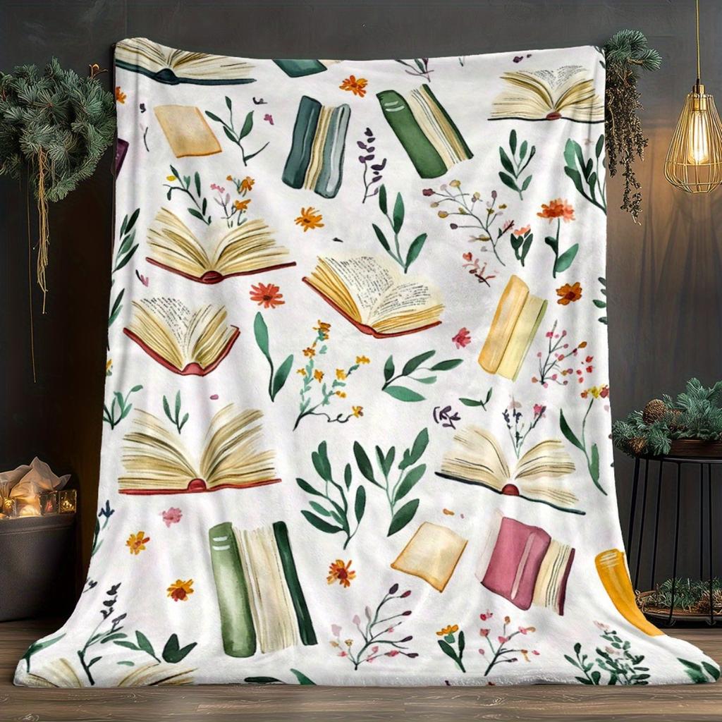 Book Flower Pattern Reading Lover Blanket Soft Flannel Throw Literary Gift Home Study Decor Educational Theme