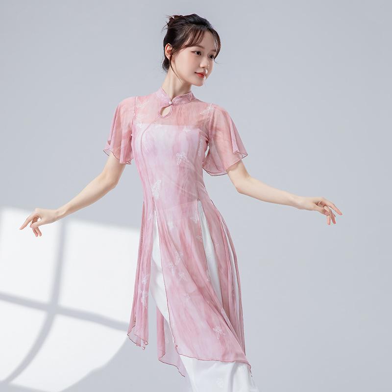 Classical Dance Women Split Hem Long Gauze Mesh Shirt Cheongsam Neck Hanfu Performance Sheer Flowy Blouse Training Dancewear