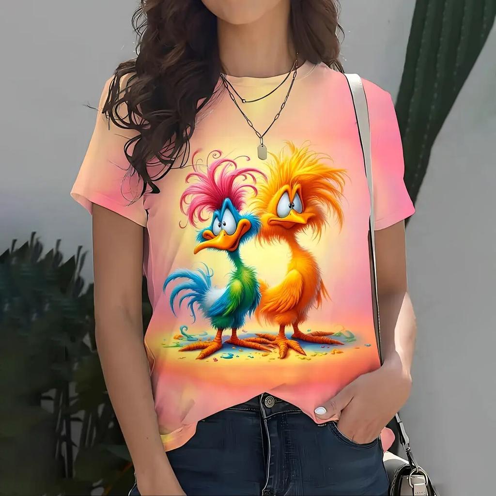 Sommar Rund Hals 3D Söt Tecknad Djur Grafiskt Tryck Topp Trendiga Casual Kortärmade Dam T-shirts