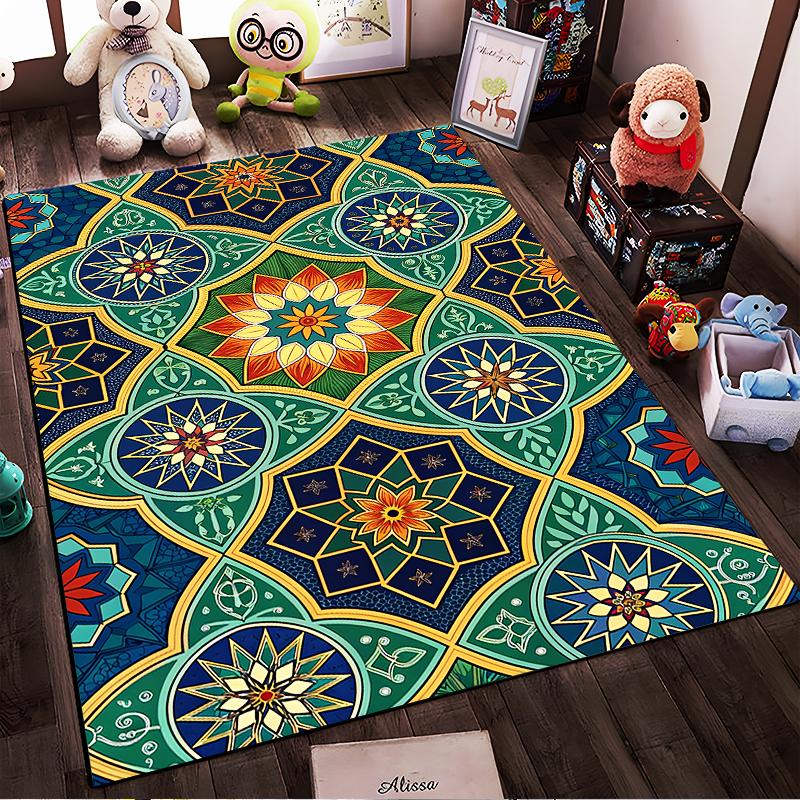 "Multicolor Geometric Print Carpet with Floral and Star Patterns" Suitable for Use As an Anti-slip for Living Room Bedroom Sofas