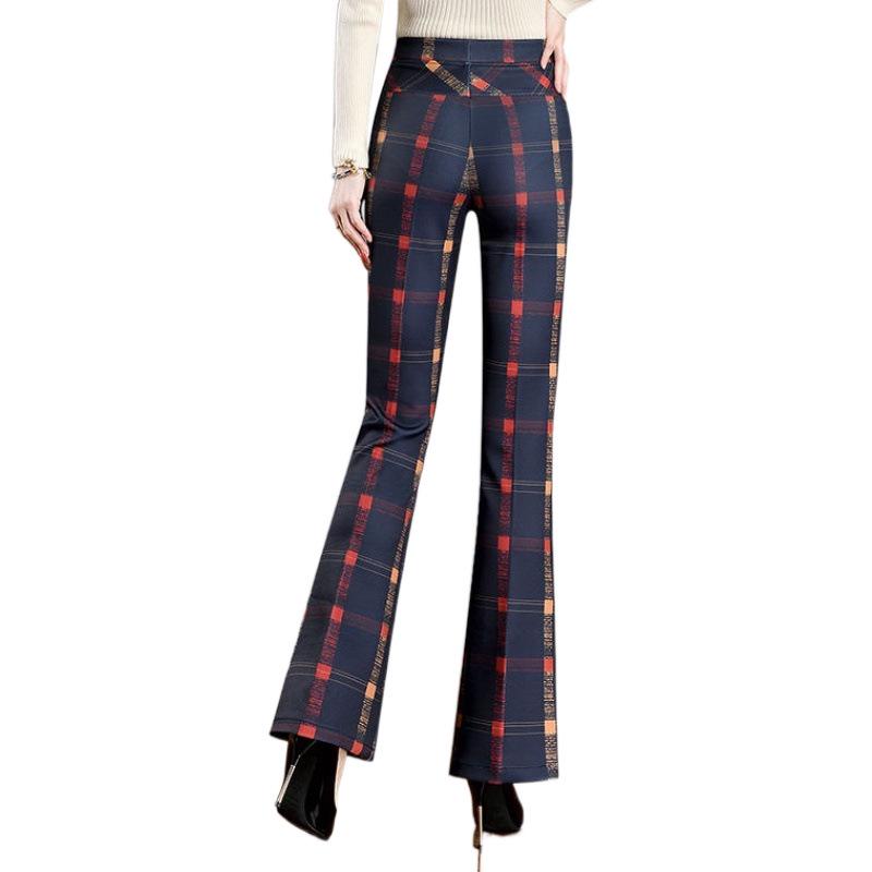2024 Slimming Plaid Micro-Flare Pants: Thick, Fashionable, Elastic, Versatile Women's Long Pants for Autumn and Winter.
