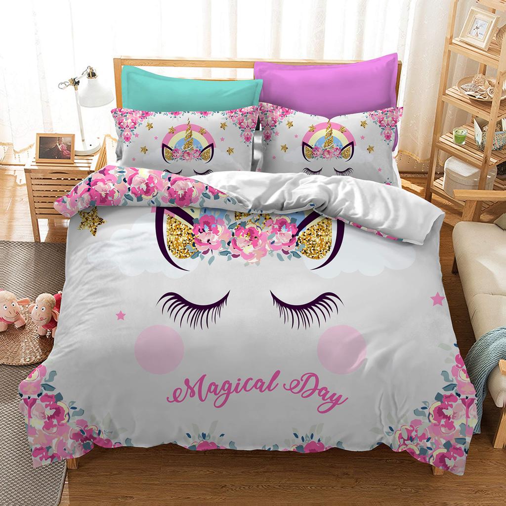 Unicorn Duvet Cover Set Purple Aqua Unicorn Bedding Set Full Size Rose Unicorn Flower Dreamy Cartoon Sparkle Lilac Bedspread