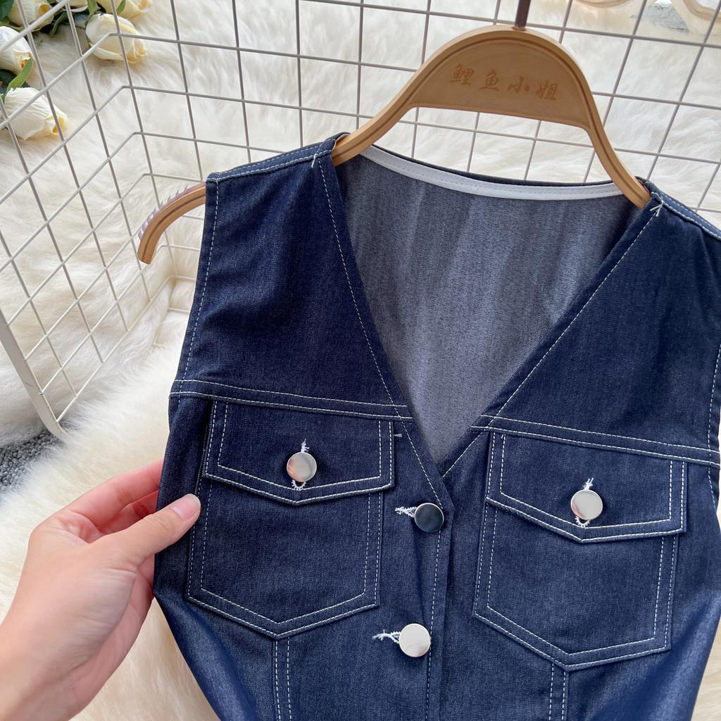 High-end Wear Women's Summer Dress Design V-neck Sleeveless Single-breasted Top Women's Two-piece Casual Wide-leg Trousers